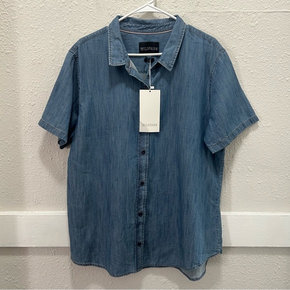 Wildfang Tops - WILDFANG Denim The Essential Short Sleeve Button Down NWT XL
